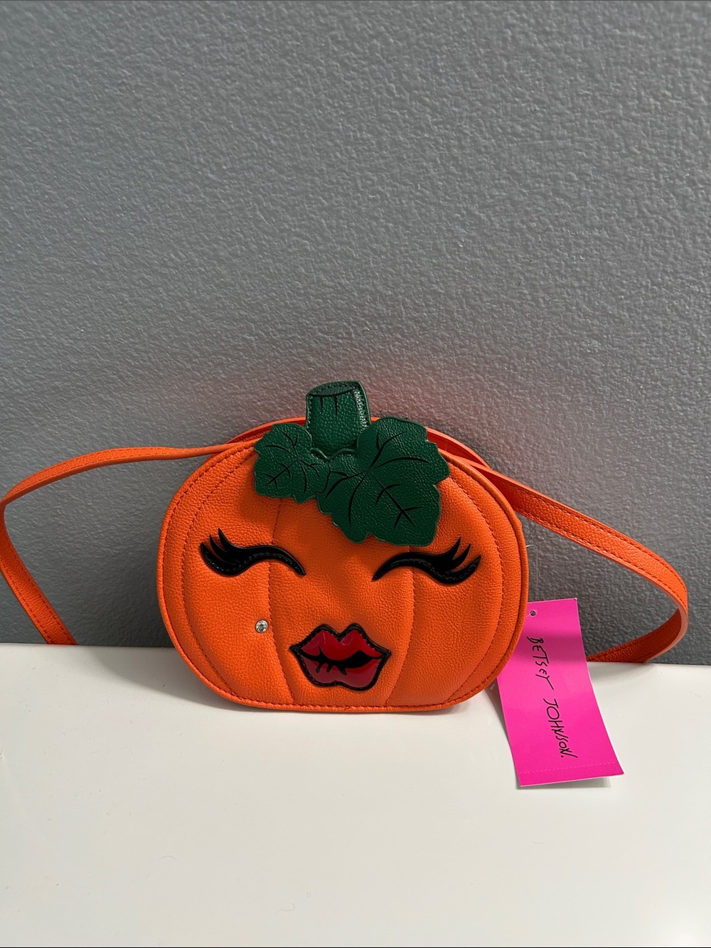 Betsey Johnson Orange Pumpkin Face Crossbody Bag with Green Leaf